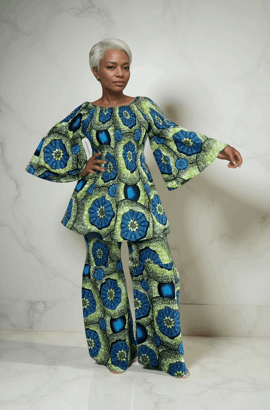 Women's Green Floral African Print Smock Pants Set