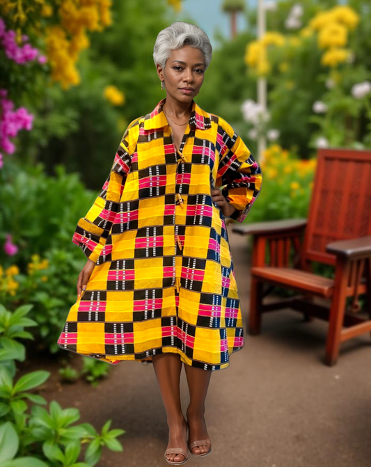African Print Big Button Kente Print Dress