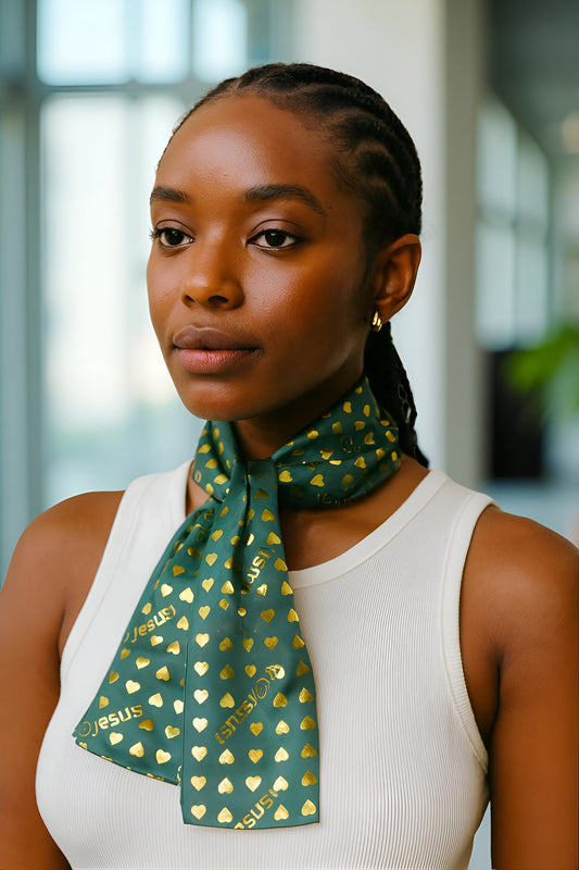 Sheer Green Chiffon Dark Green "I Heart Jesus" Scarf