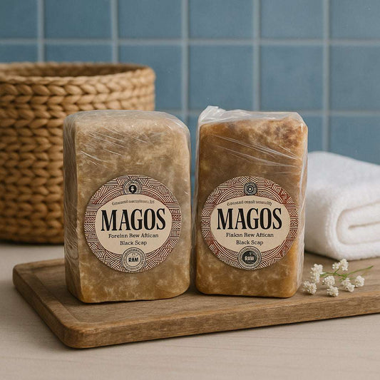 Raw Black Premium African Soap by Magos, featuring two unwrapped rectangular bars with natural texture, ideal for deep-cleansing and exfoliation.