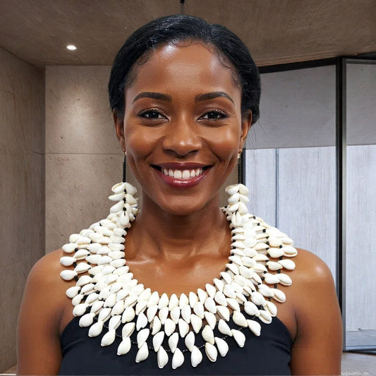 Layered Cowrie Shell Statement Collar Necklace & Earring Set