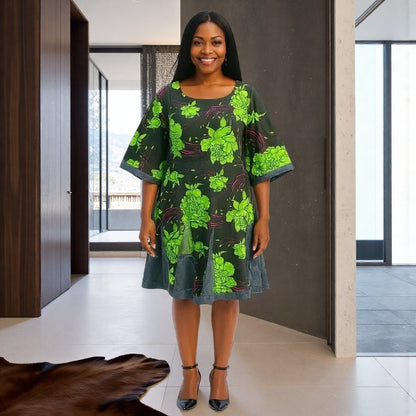 Denim Ankara Print Midi Dress w/Necklace & Earrings Set