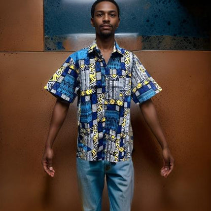 Men's Blue Multi-Tone/Yellow Print Short Sleeve Button Down Shirt (XXL)