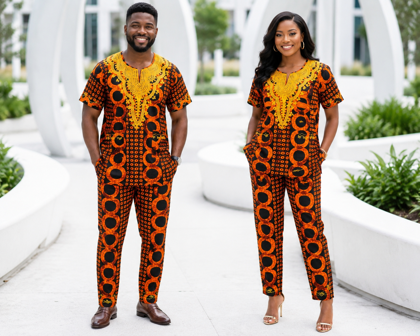 Orange African Print 3-Piece Dashiki Set with Matching Kufi Hat