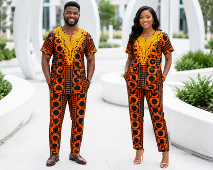 Orange African Print 3-Piece Dashiki Set with Matching Kufi Hat