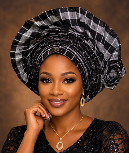 Black & Silver Plaid Aso Oke Gele