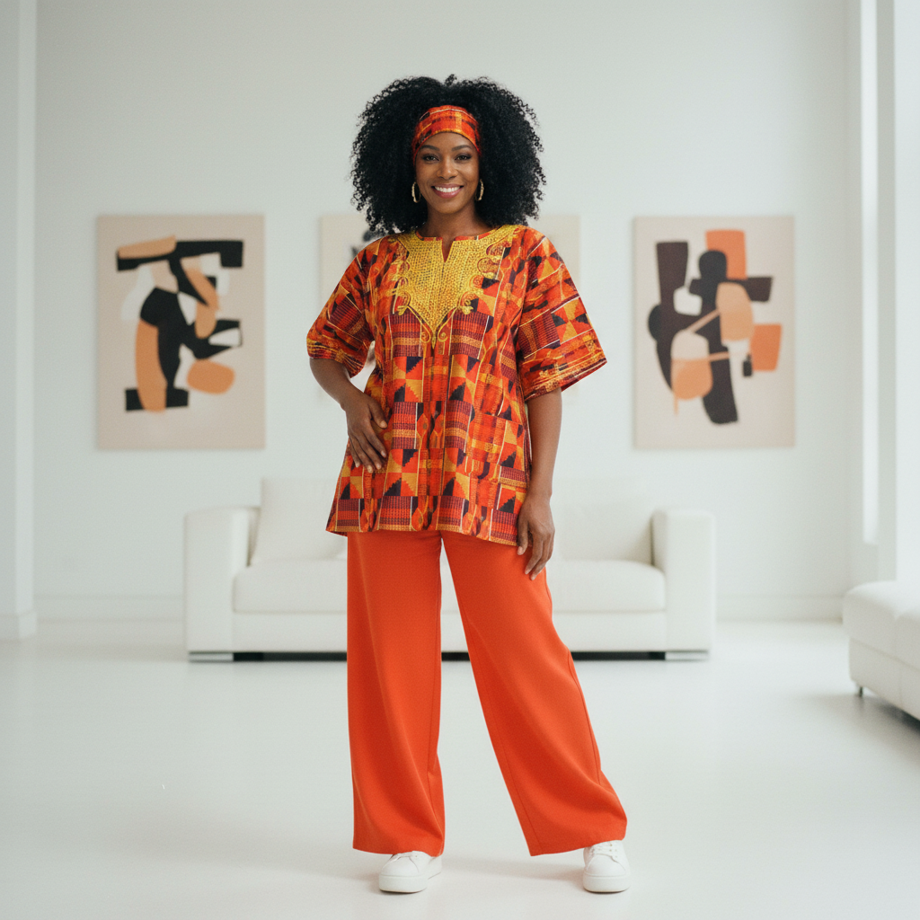 Men’s African Dashiki Shirt – Red/Yellow Kente Print