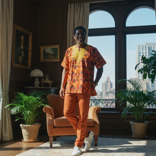 Men’s African Dashiki Shirt – Red/Yellow Kente Print