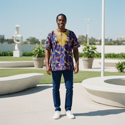 Men’s African Dashiki Shirt – Blue/Yellow Kente Print