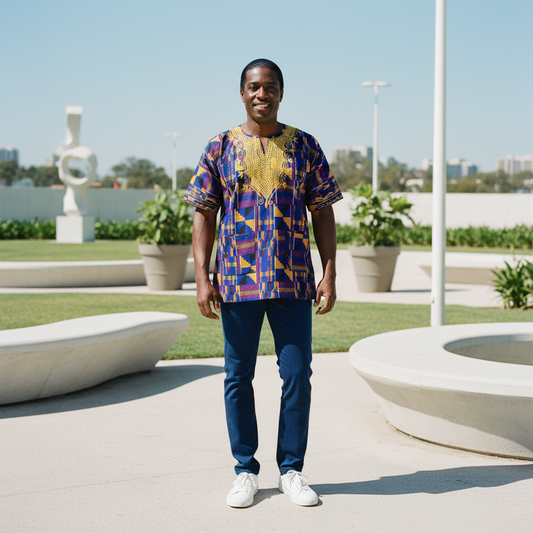 Men’s African Dashiki Shirt – Blue/Yellow Kente Print