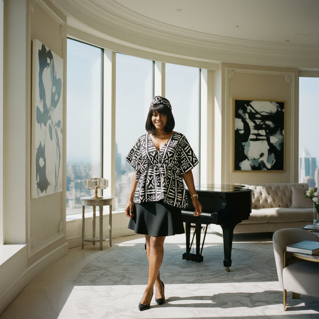 African Print Ruffle Sleeve Blouse – Black & White Mudcloth Style