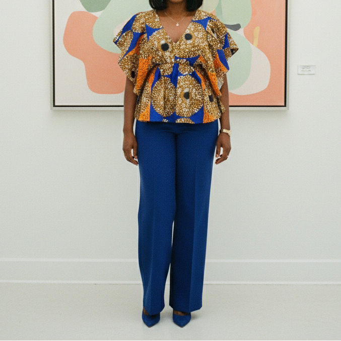 African Print Butterfly Sleeve Blouse – Orange/Blue Pattern