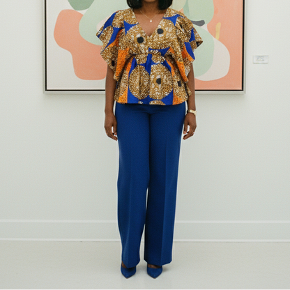 African Print Butterfly Sleeve Blouse – Orange/Blue Pattern
