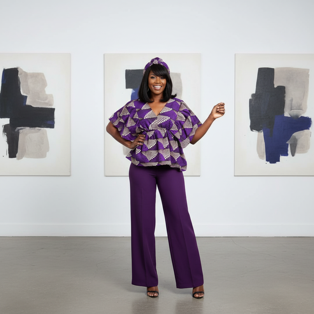 African Print Layered Ruffle Blouse – Purple & Cream