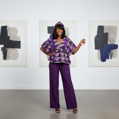 African Print Layered Ruffle Blouse – Purple & Cream