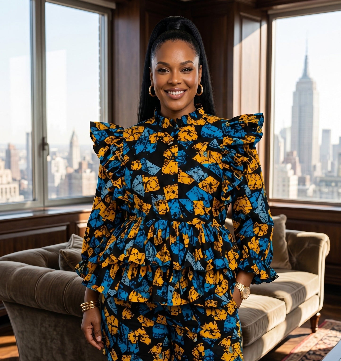 Woman in a blue and yellow floral dress standing in a room with large windows showing a cityscape.