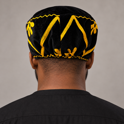 Black & Gold Embroidered Kufi Hat