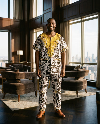 B/W African Print 3-Piece Dashiki Set with Matching Kufi Hat