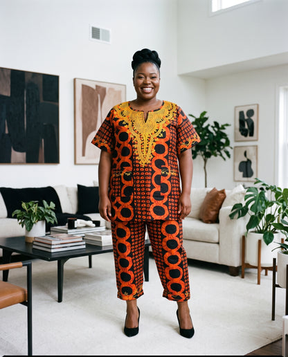 Orange African Print 3-Piece Dashiki Set with Matching Kufi Hat