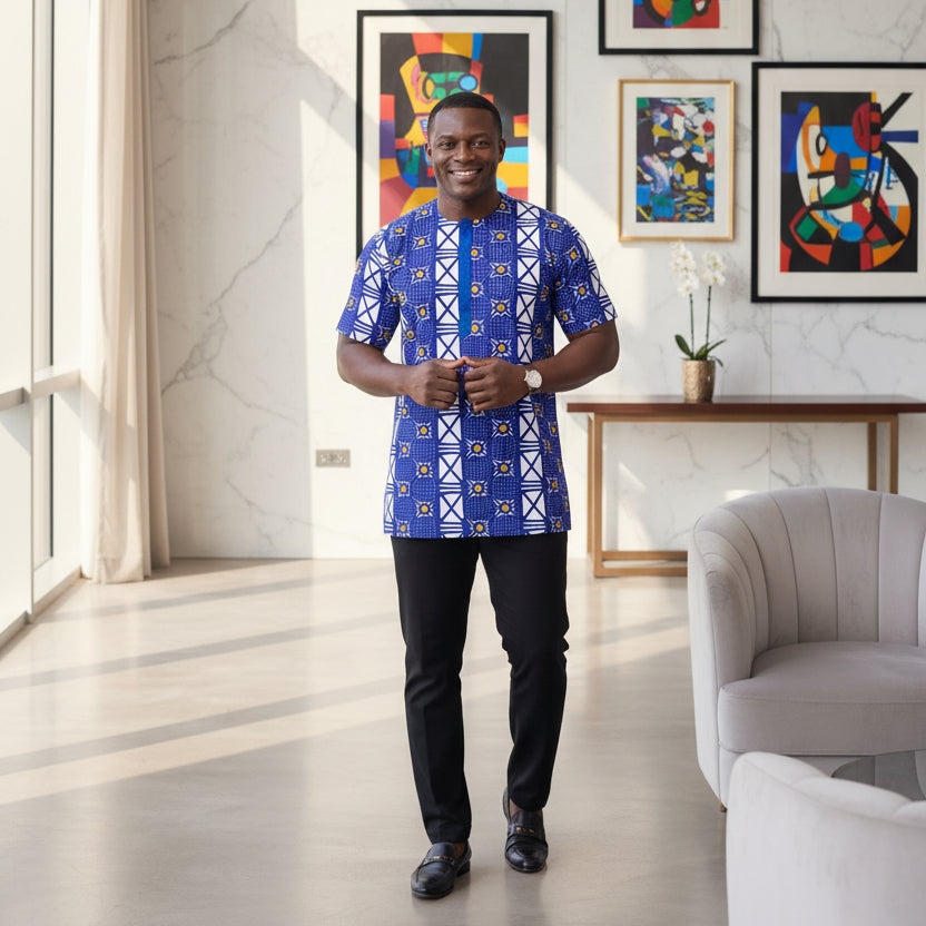 Men’s African Blue Print Dashiki Top