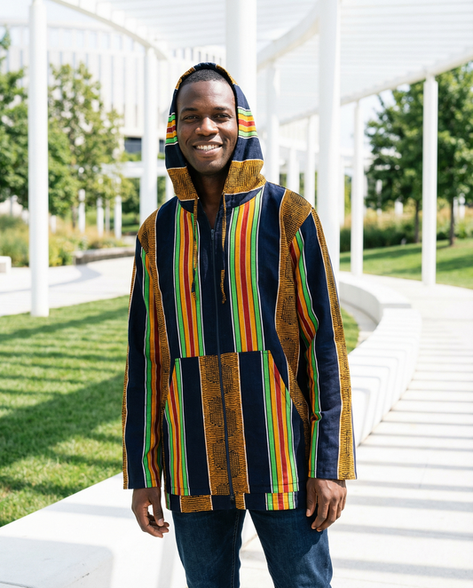 African Kente-inspired Stripe Pattern Hoodie Jacket