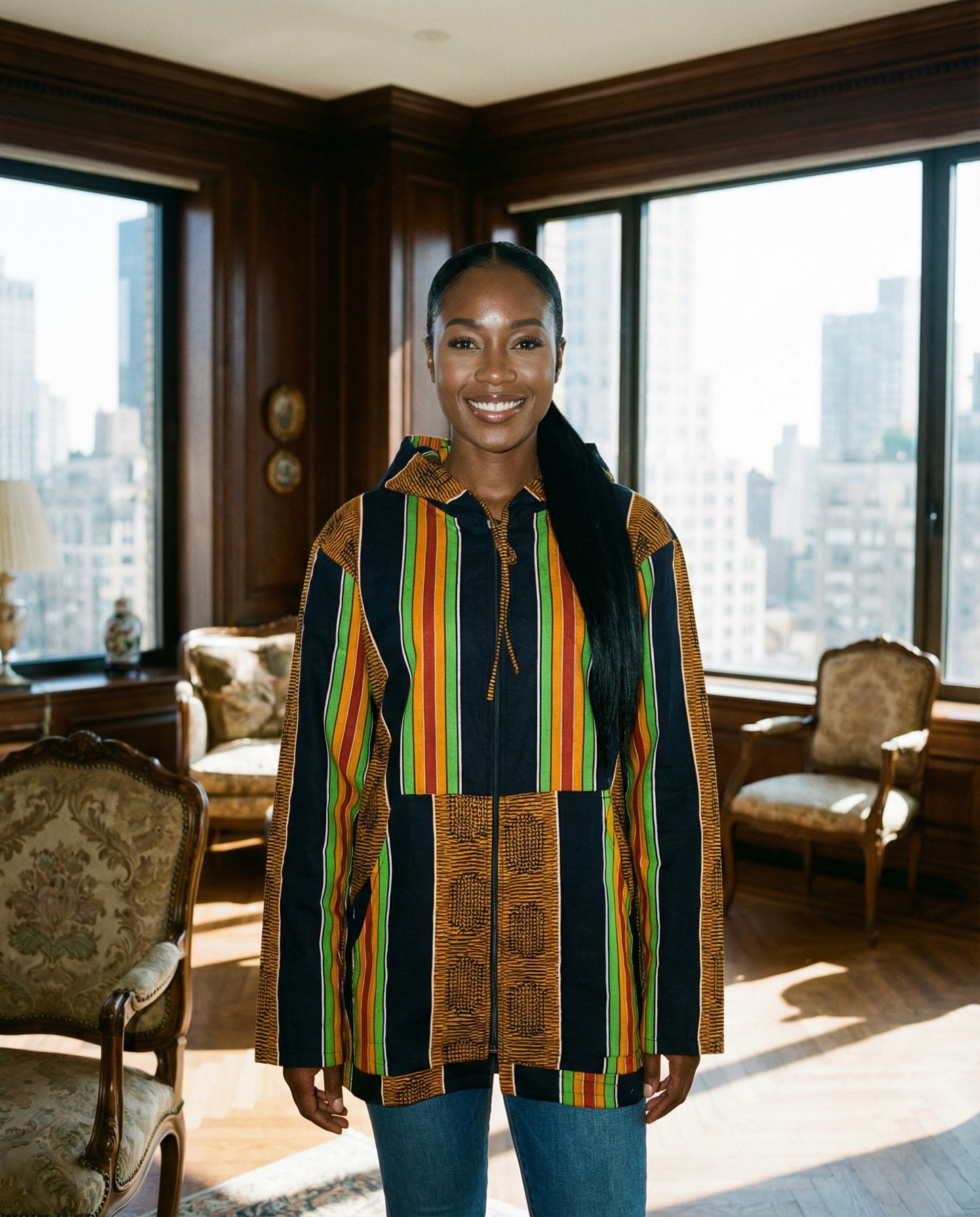 African Kente-inspired Stripe Pattern Hoodie Jacket