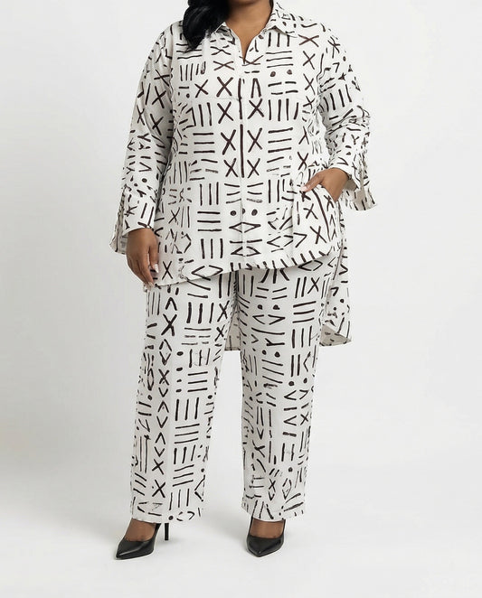 White Mud Cloth Inspired African Print Two-Piece Pants Set