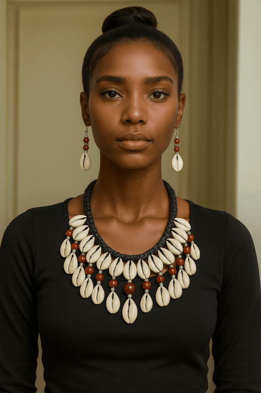 Red Beaded Cowrie Shell Necklace & Earring Set