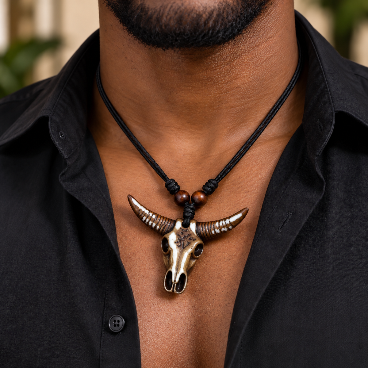 Men's Tribal Style Leather Cord Bone Bull Head Necklace