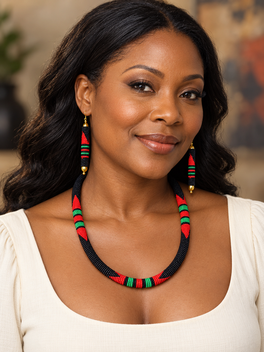 African Red, Green & Black Beaded Necklace & Earrings Set