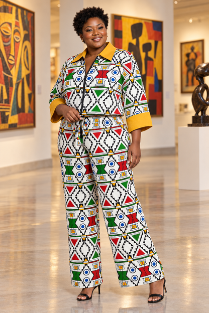 African Geometric Print Two-Piece Pants Set with Mustard Trim