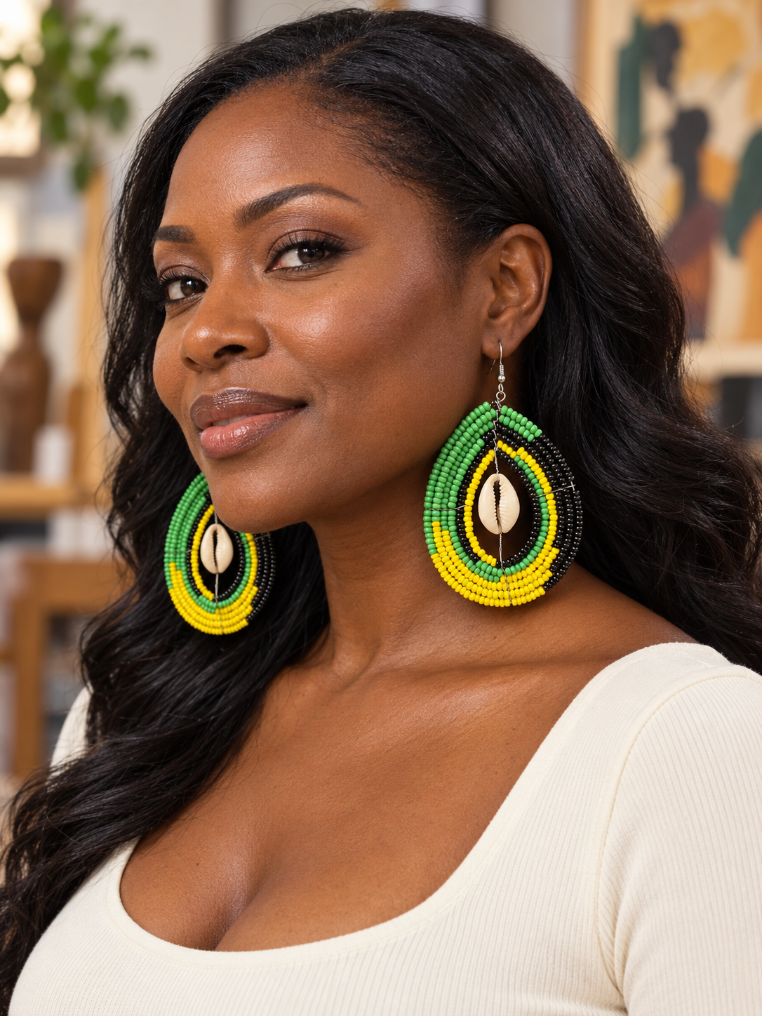 African Yellow, Green & Black Beaded Cowrie Shell Teardrop Earrings