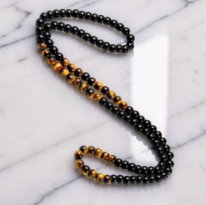 Men’s Tiger Eye & Black Onyx Beaded Necklace – Natural Protection Stone Jewelry
