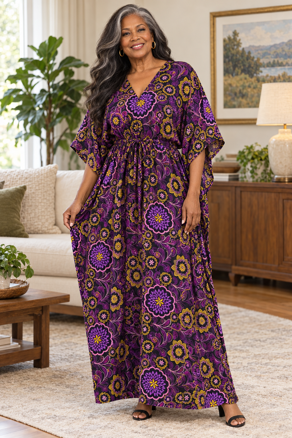 Purple Floral Print Kaftan