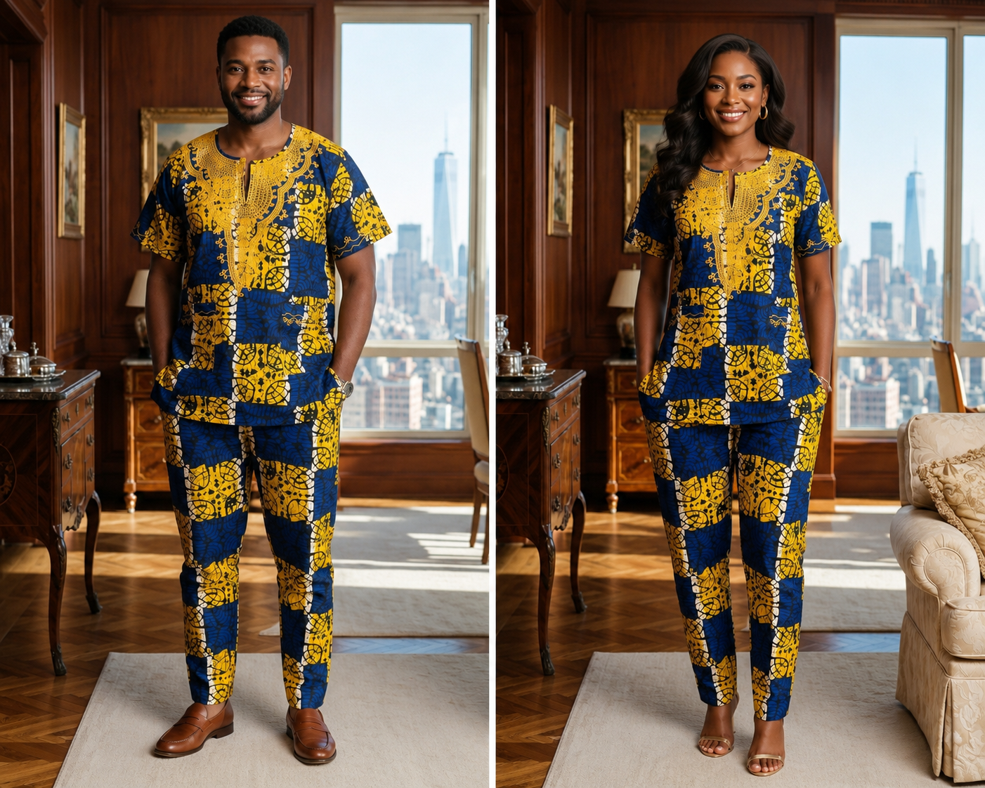Blue African Print 3-Piece Dashiki Set with Matching Kufi Hat