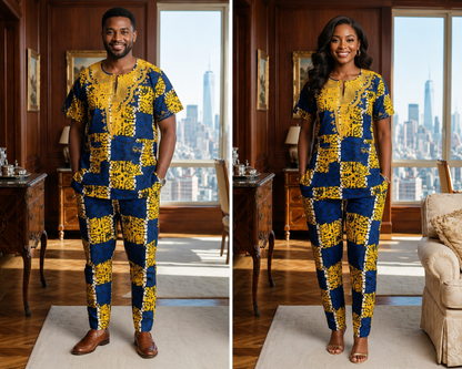 Blue African Print 3-Piece Dashiki Set with Matching Kufi Hat