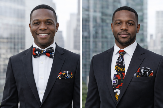 Royal Midnight Gold Accent African Print Bow Tie & Necktie Set with Matching Pocket Square