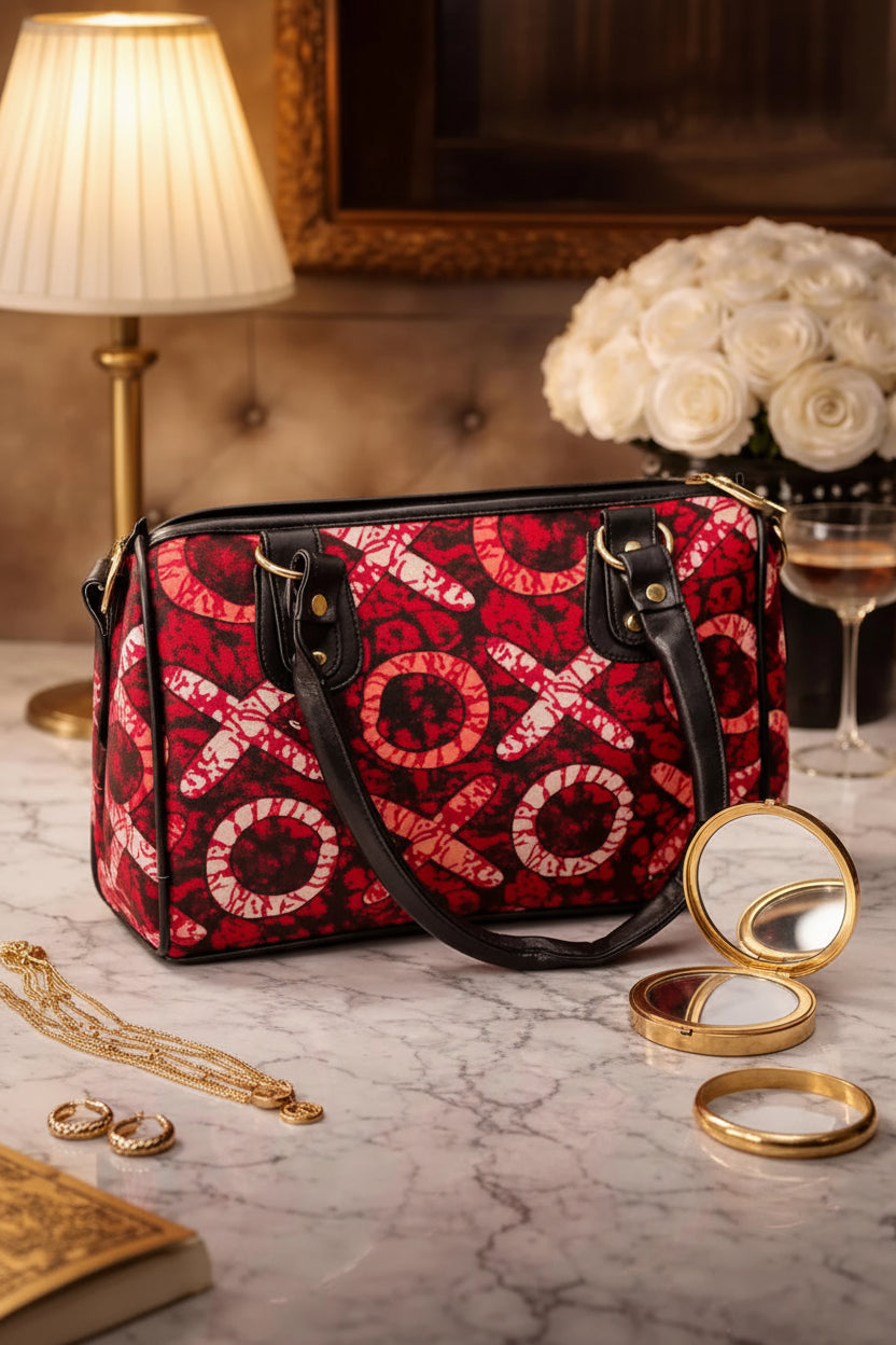 Women's Red African Print Smocked Bubble Dress and Bag Set