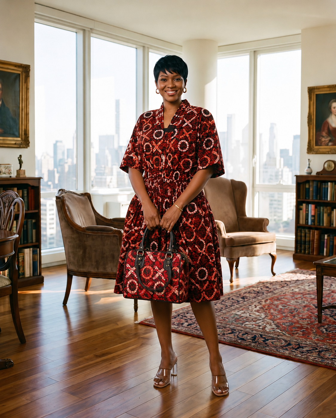 Women's Red African Print Smocked Bubble Dress and Bag Set