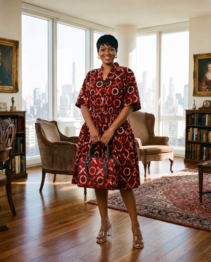 Women's Red African Print Smocked Bubble Dress and Bag Set