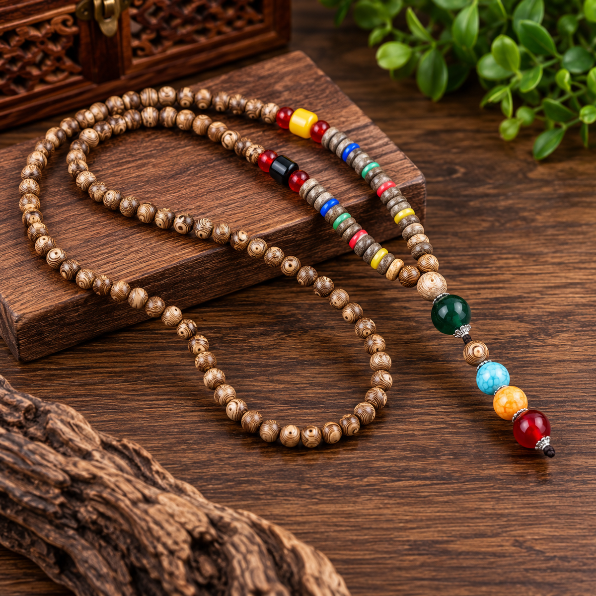 Men’s Vintage Tribal Wood Bead Pendant Necklace