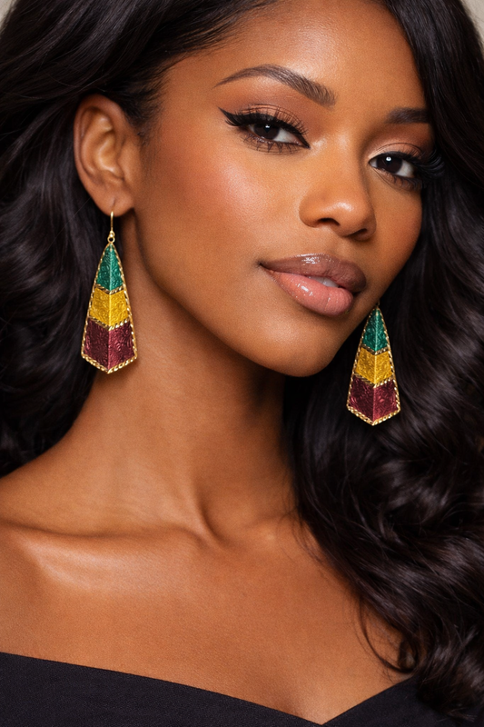 Tri-Color Embossed African Print Layered Drop Earrings