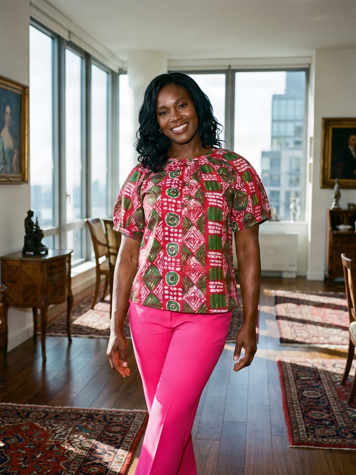 Woman's African Green-Pink Print Top