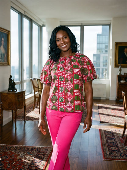 Woman's African Green-Pink Print Top