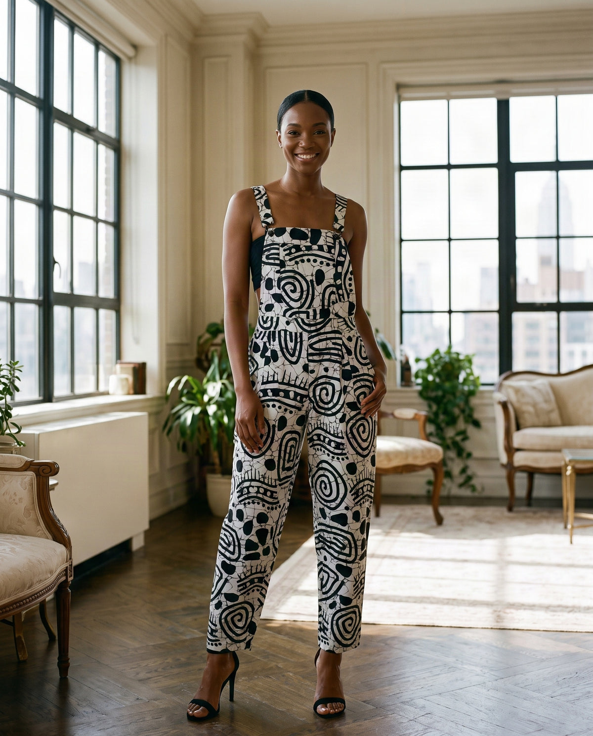 Women's African Print Black & White Sleeveless Jumpsuit