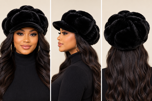 Black Faux Fur Beret with Visor