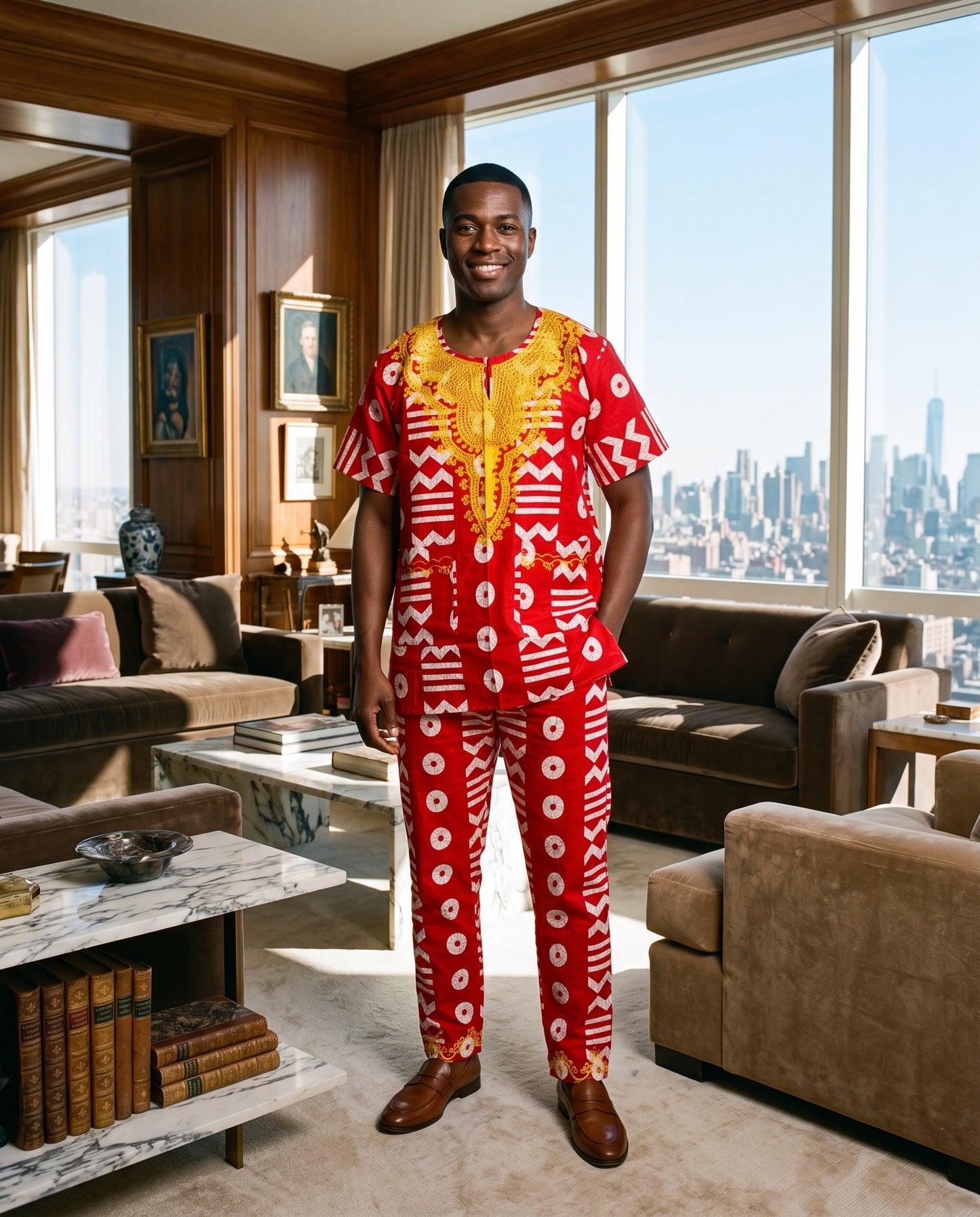 Red African Print 3-Piece Dashiki Set with Matching Kufi Hat