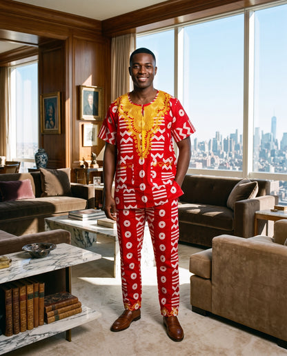 Red African Print 3-Piece Dashiki Set with Matching Kufi Hat
