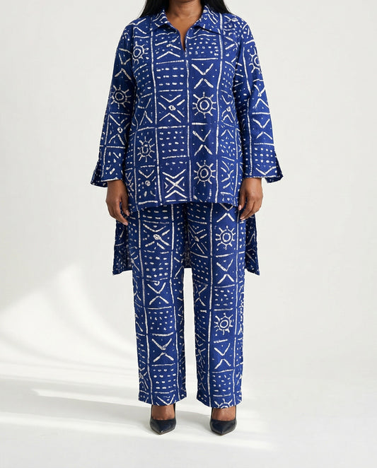 Indigo Mud Cloth Print Two-Piece Pants Set
