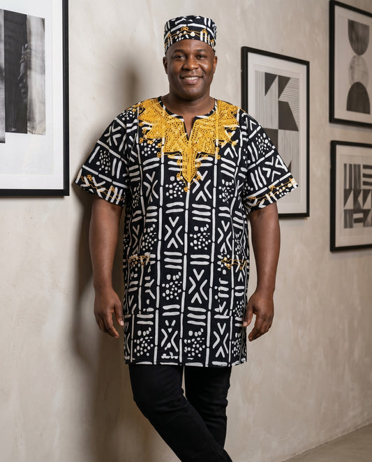 Men's African Dashiki Top with Matching Kufi Hat